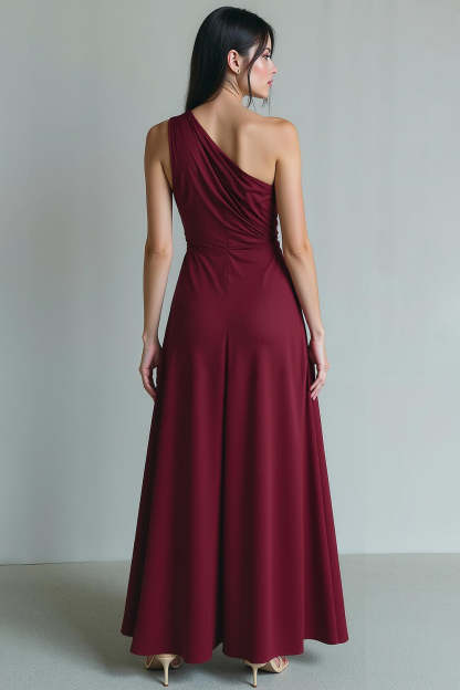 Cabernet One Shoulder Chiffon Sheath Long Wedding Guest Dress with Slit