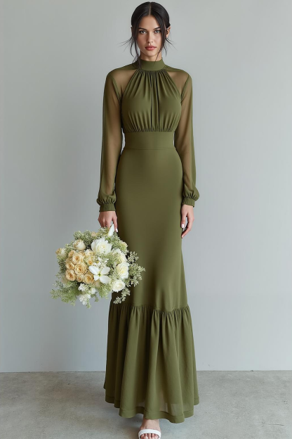 Olive Sheath Chiffon Maxi Bridesmaid Dress with Sleeves