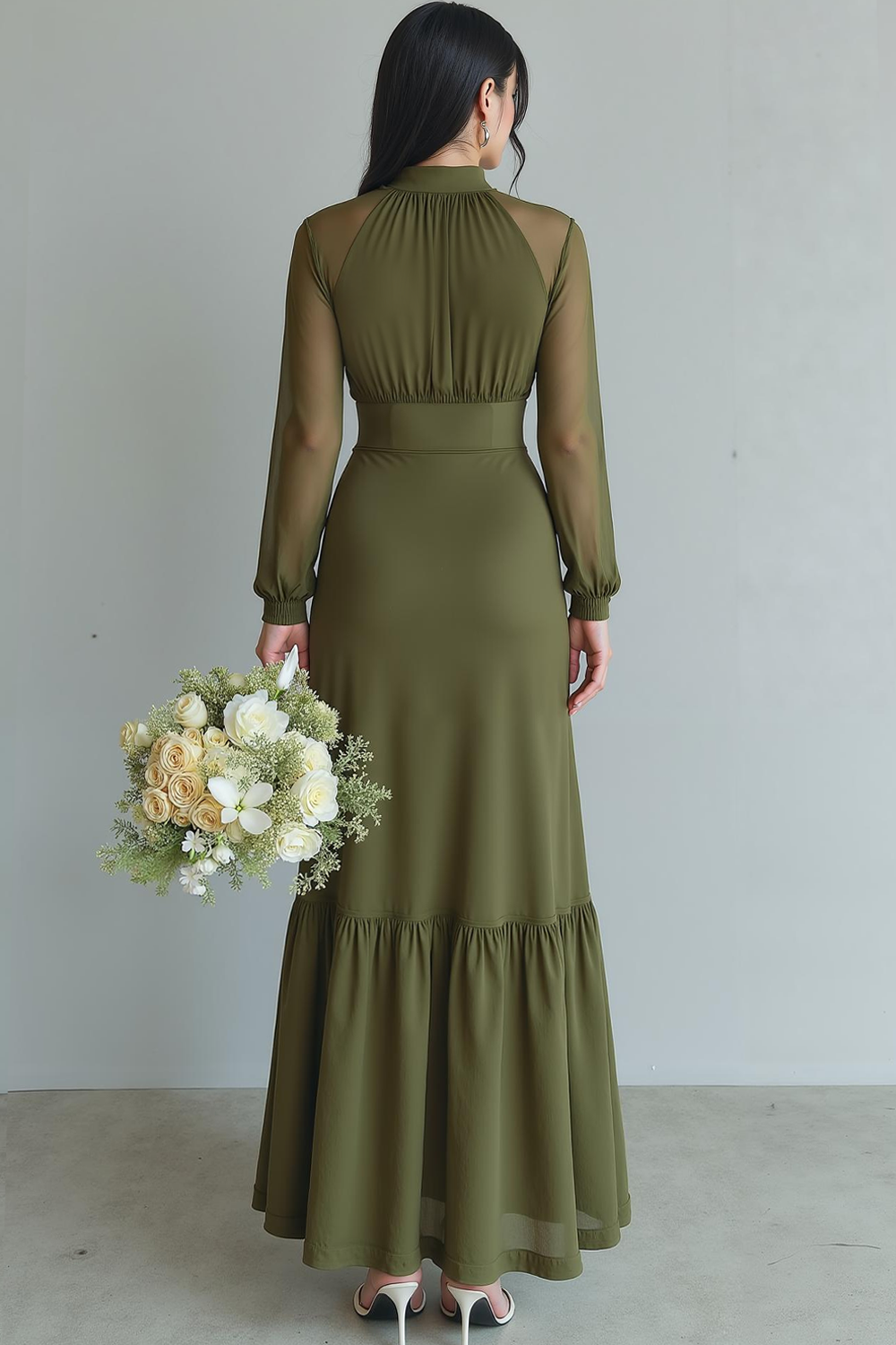 Olive Sheath Chiffon Maxi Bridesmaid Dress with Sleeves