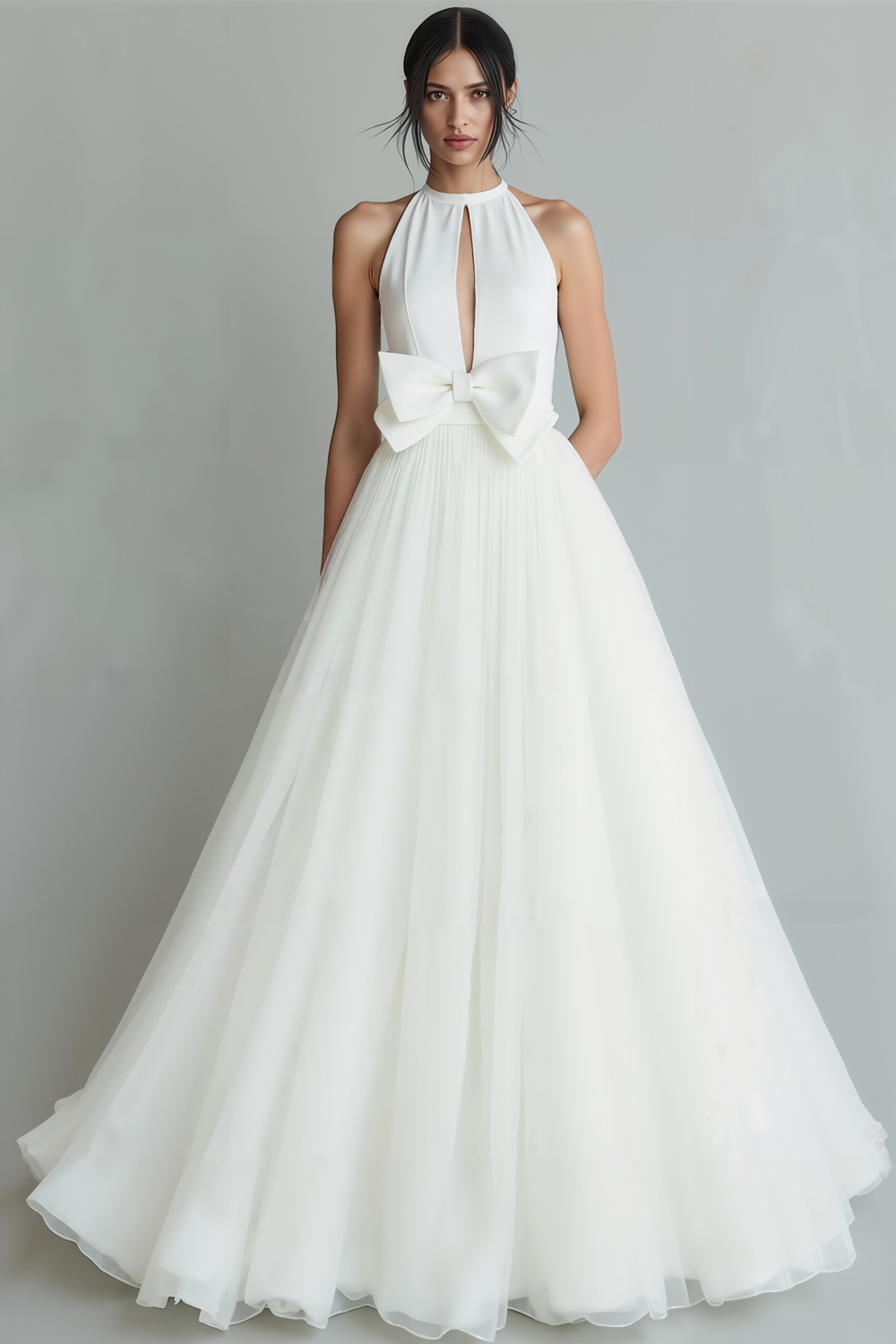 White Round Neck A Line Keyhole Maxi Wedding Dress with Bow