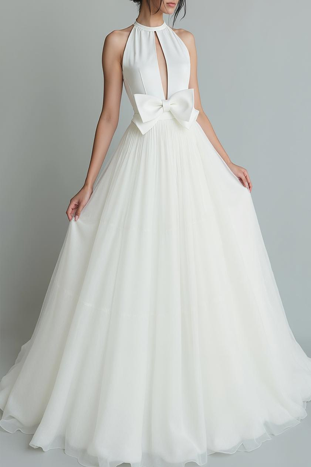 White Round Neck A Line Keyhole Maxi Wedding Dress with Bow