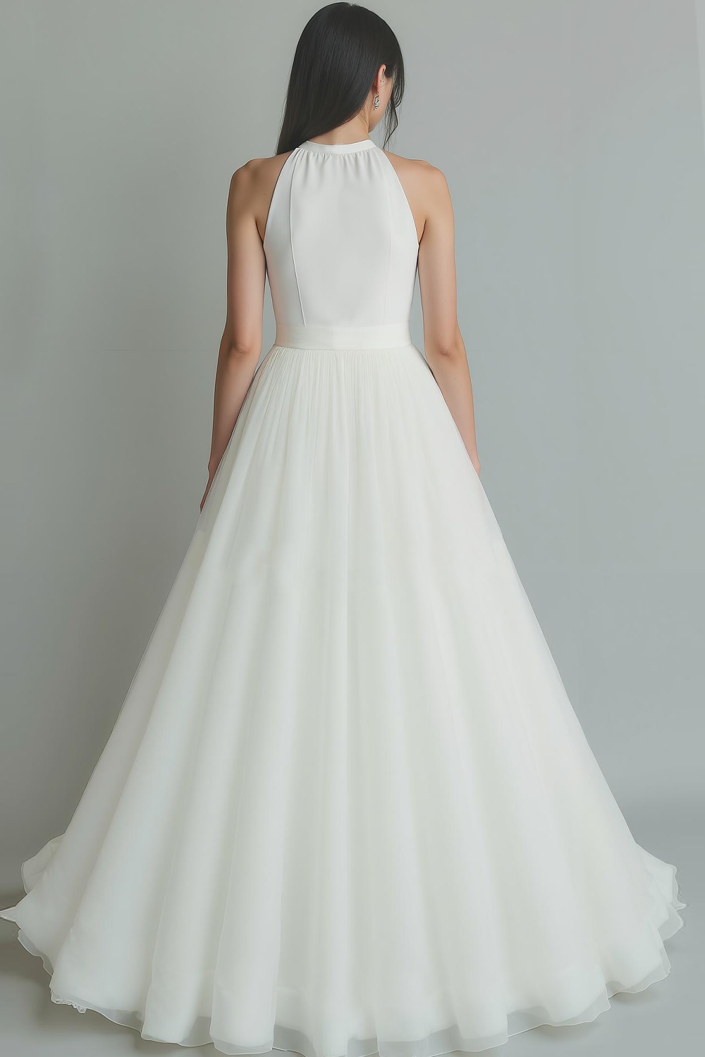 White Round Neck A Line Keyhole Maxi Wedding Dress with Bow