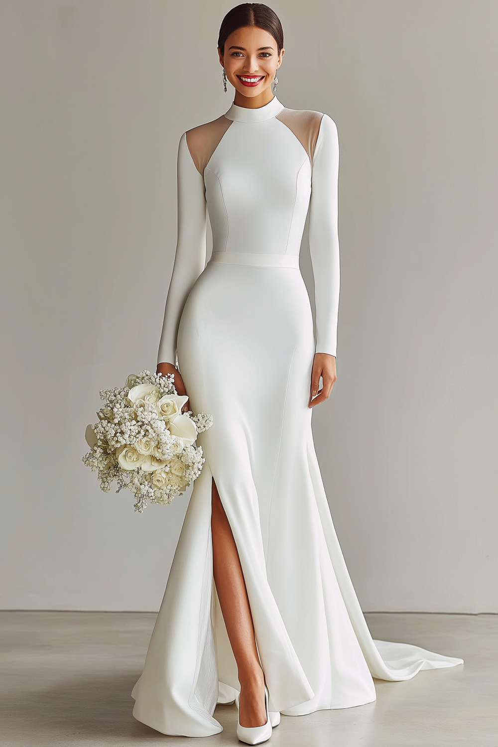 Leely Women White Mermaid Satin Engagement Dress with Sleeves High Neck Long Sweep Train Rehearsal Dinner Dress with Slit