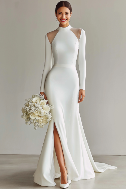 Leely Women White Mermaid Satin Engagement Dress with Sleeves High Neck Long Sweep Train Rehearsal Dinner Dress with Slit