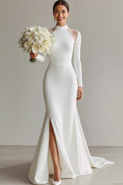 White Mermaid Satin High Neck Sweep Train Engagement Dress with Sleeves