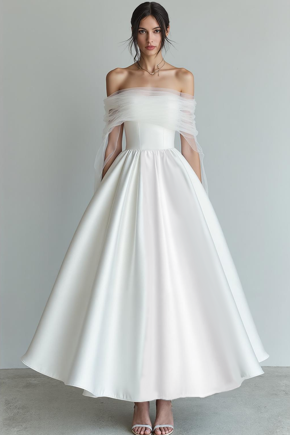 White A Line Maxi Off the Shoulder Wedding Reception Dress with Tulle