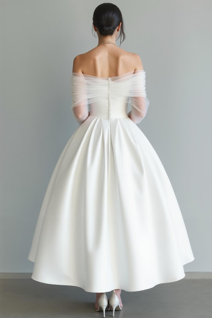 White A Line Maxi Off the Shoulder Wedding Reception Dress with Tulle