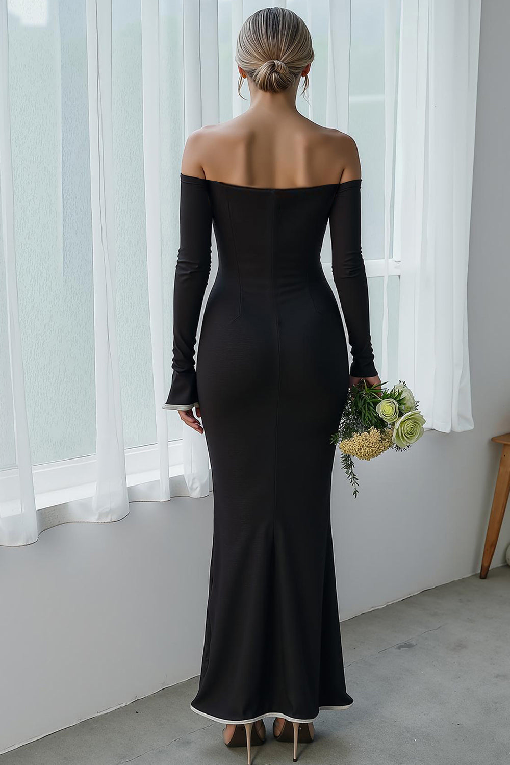 Black Maxi Mermaid Off the Shoulder Formal Dress with Sleeves