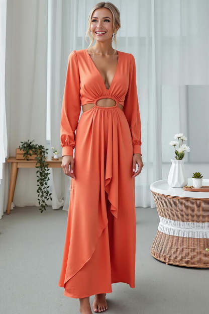 Leely Women Orange V-Neck Chiffon Wedding Guest Dress with Sleeves Sheath Keyhole Cut Out Wedding Guest Dress