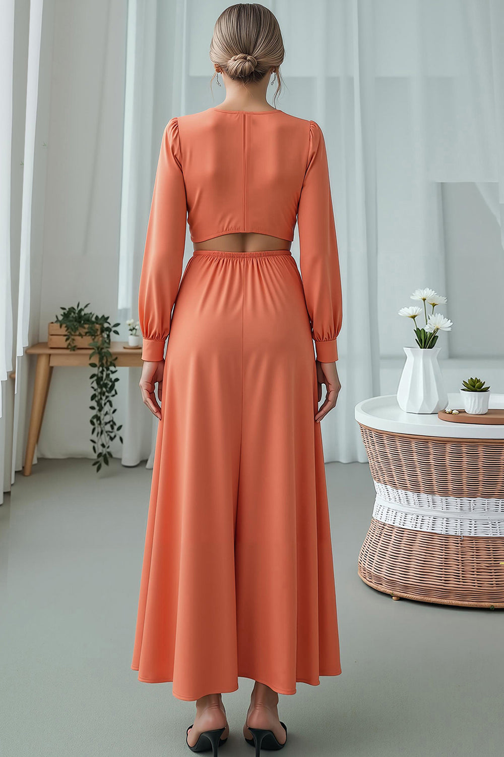 Orange V-Neck Sheath Chiffon Keyhole Wedding Guest Dress with Sleeves