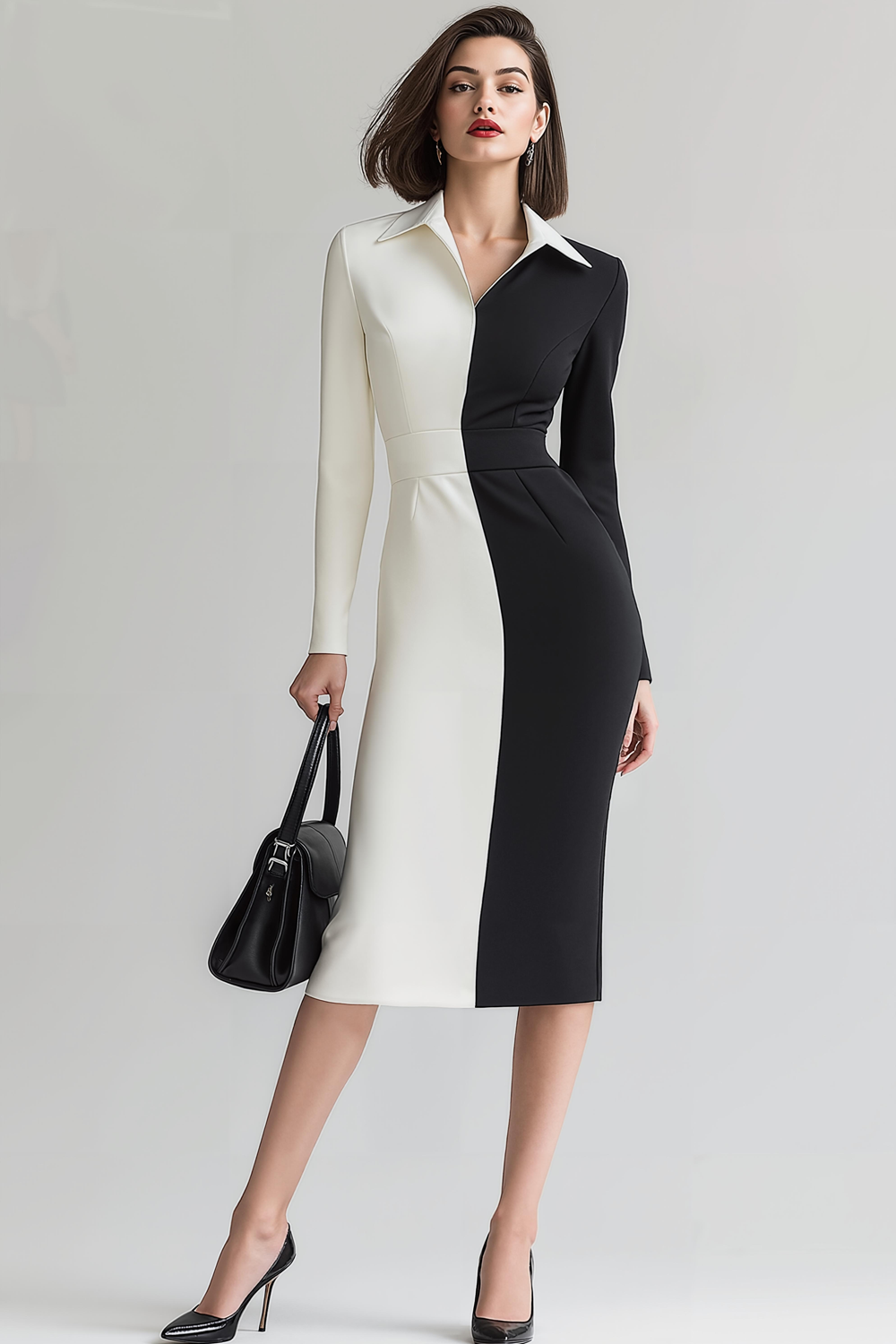 Black and White Pencil Collar Neck Midi Work Dress with Sleeves