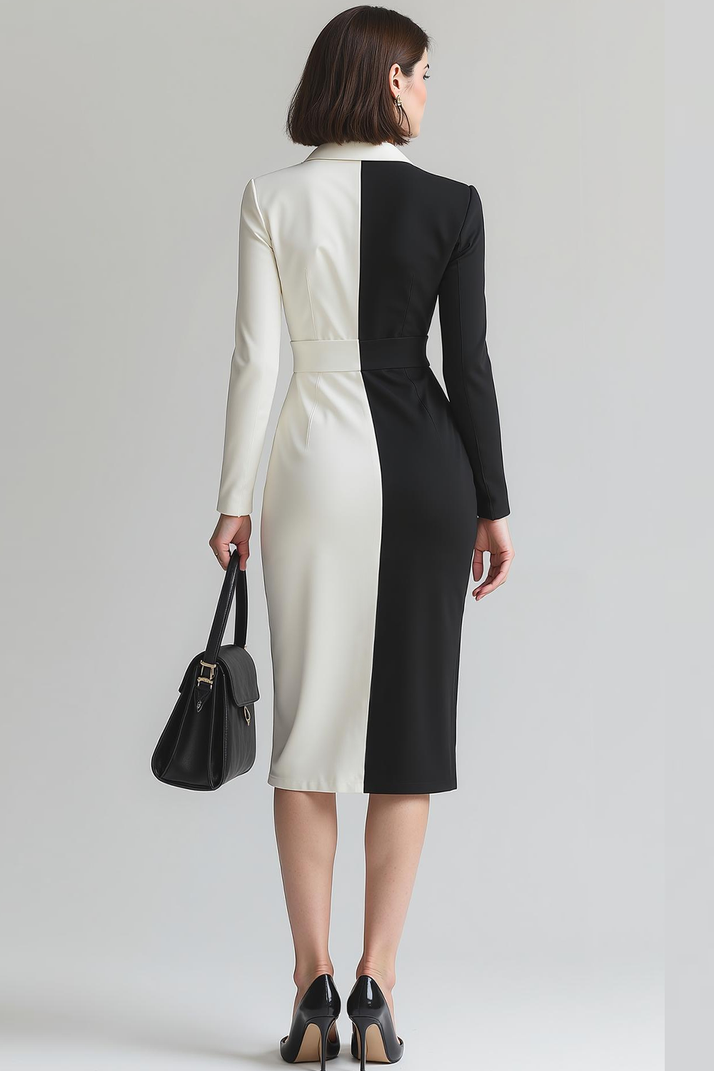 Black and White Pencil Collar Neck Midi Work Dress with Sleeves