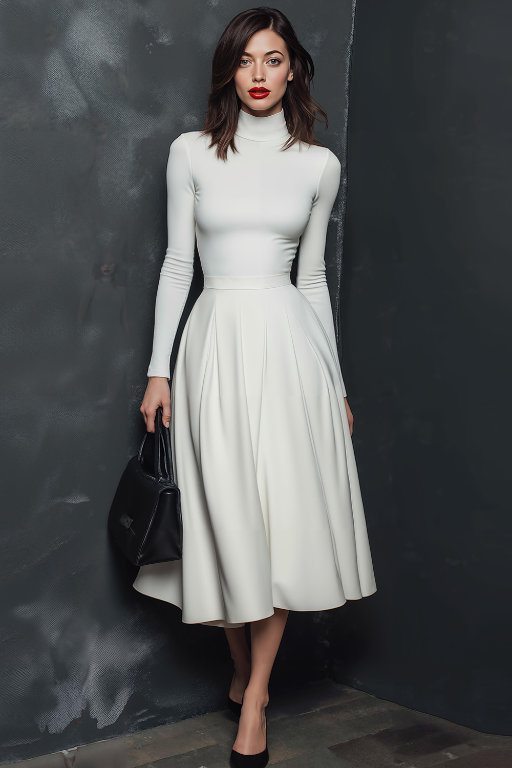 Leely Women Simple White Midi Slim Fitted Work Dress with Sleeves High Neck A Line Business Dress