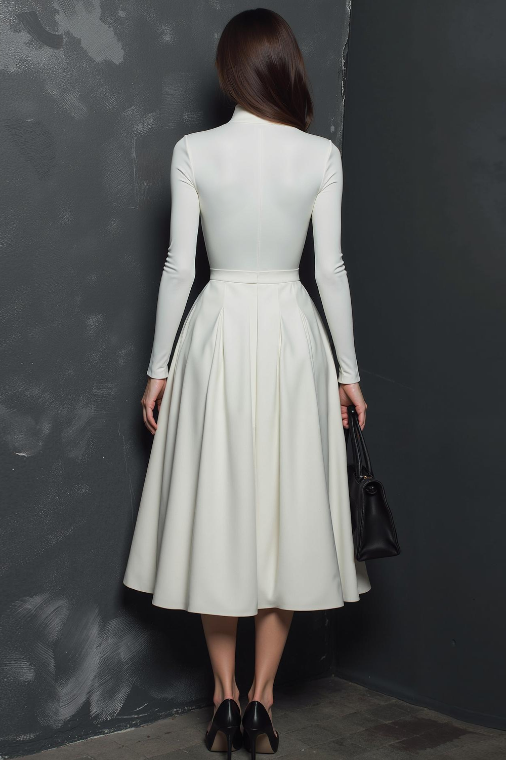 Simple White Midi High Neck A Line Work Dress with Sleeves