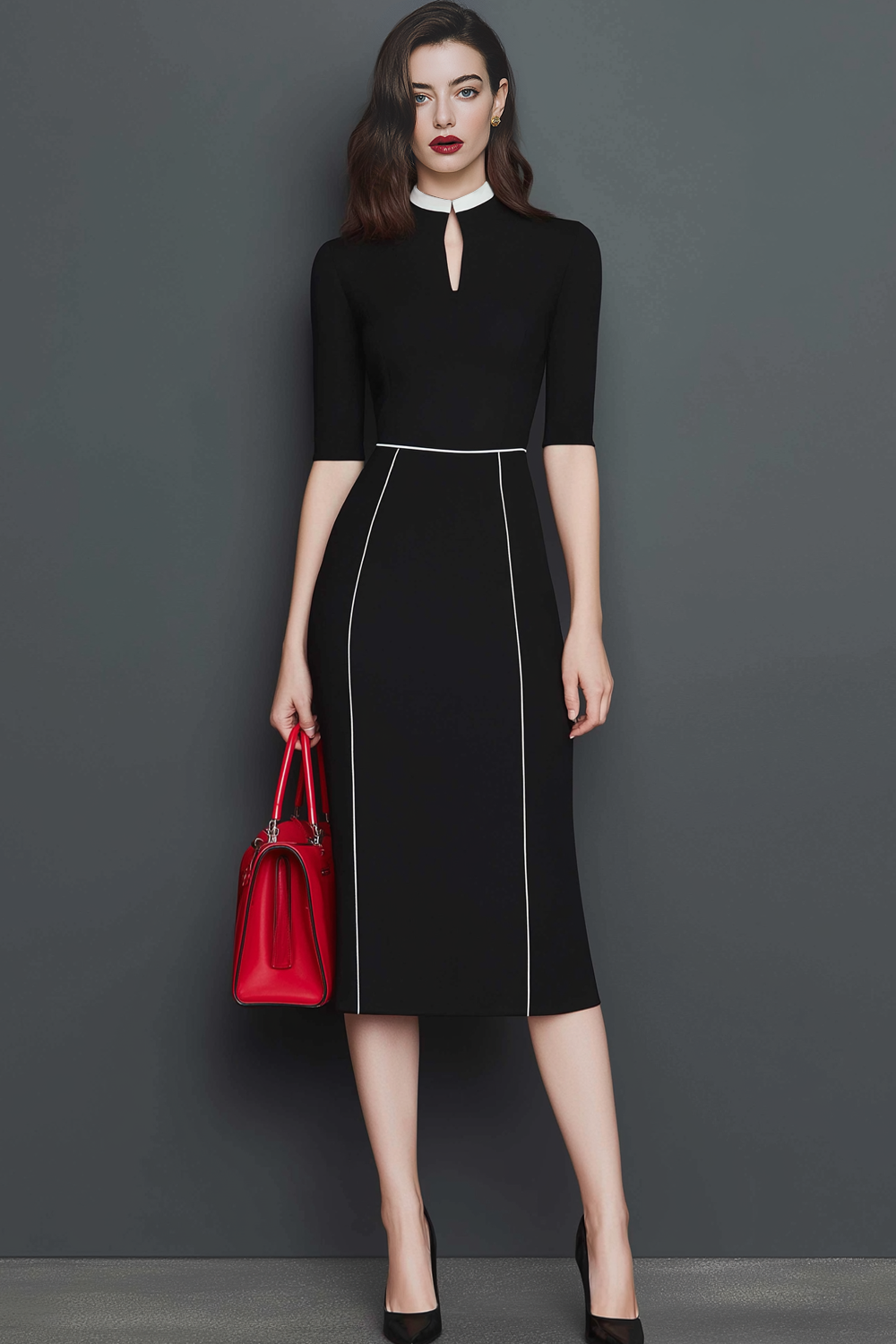 Black White Pencil Fitted Keyhole Midi Work Dress with Sleeves