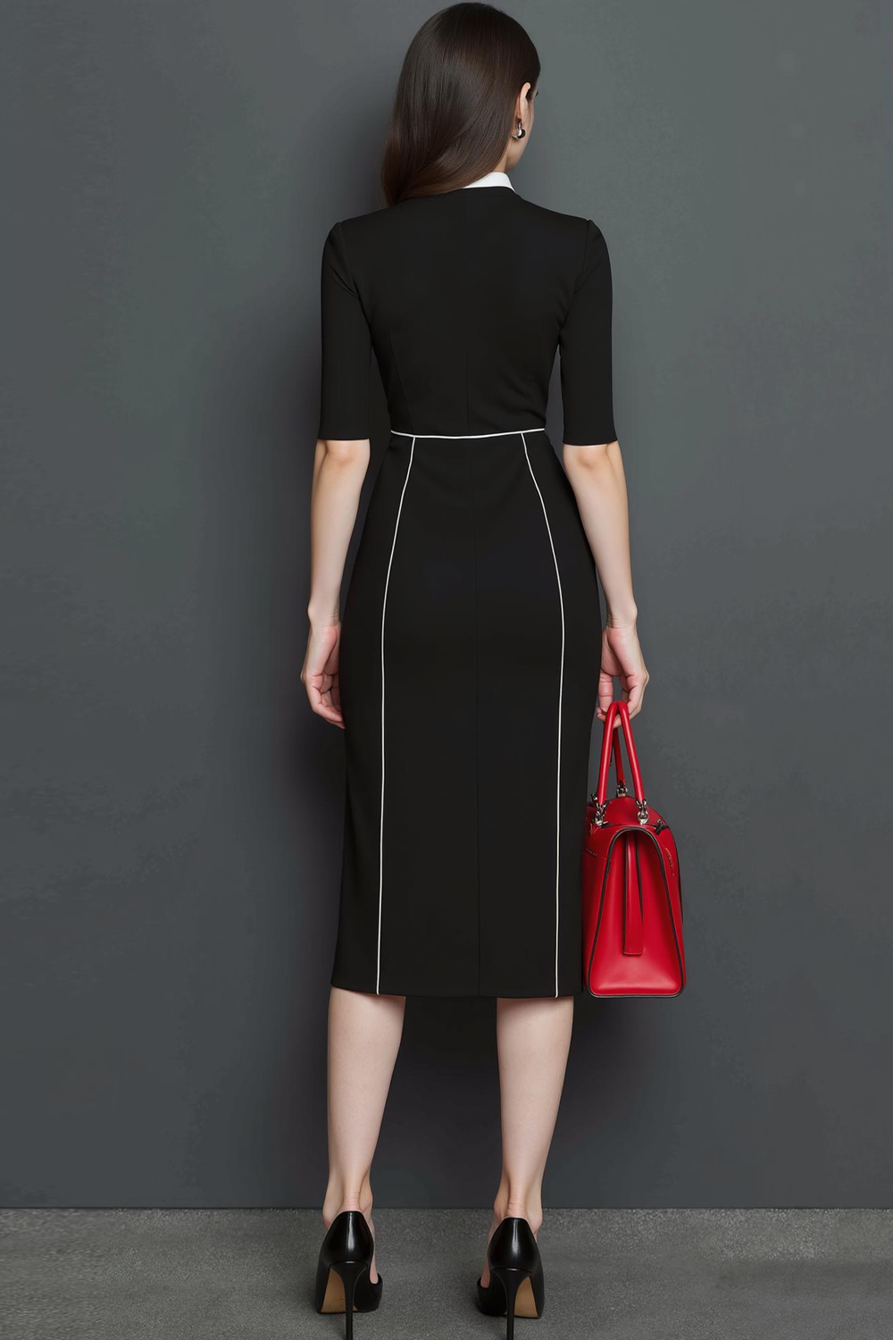 Black White Pencil Fitted Keyhole Midi Work Dress with Sleeves