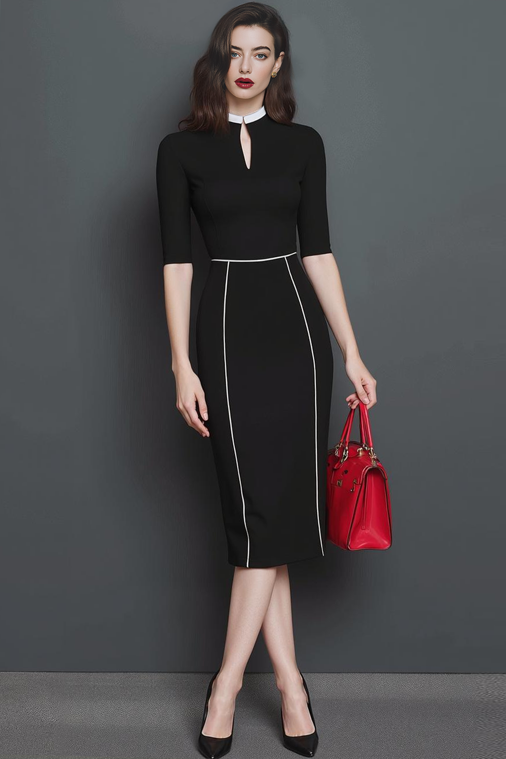 Black White Pencil Fitted Keyhole Midi Work Dress with Sleeves