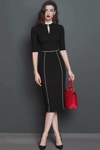Black White Pencil Fitted Keyhole Midi Work Dress with Sleeves