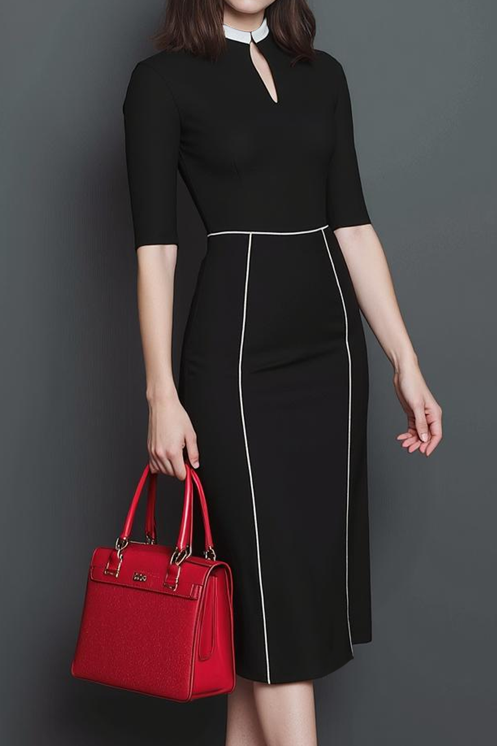 Black White Pencil Fitted Keyhole Midi Work Dress with Sleeves