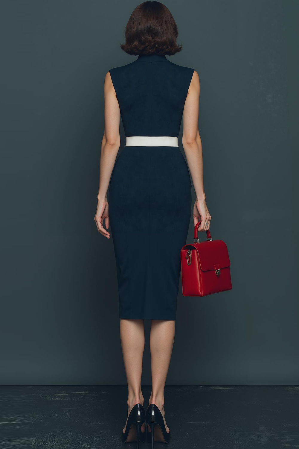 Dark Blue High Neck Pencil Cap Sleeves Midi Work Dress