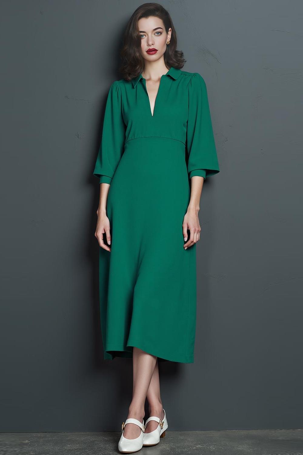 Leely Women Dark Green A Line Midi Work Dress 3/4 Sleeves Collar Neck Business Dress