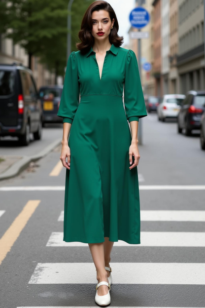 Dark Green A Line Collar Neck Midi Work Dress