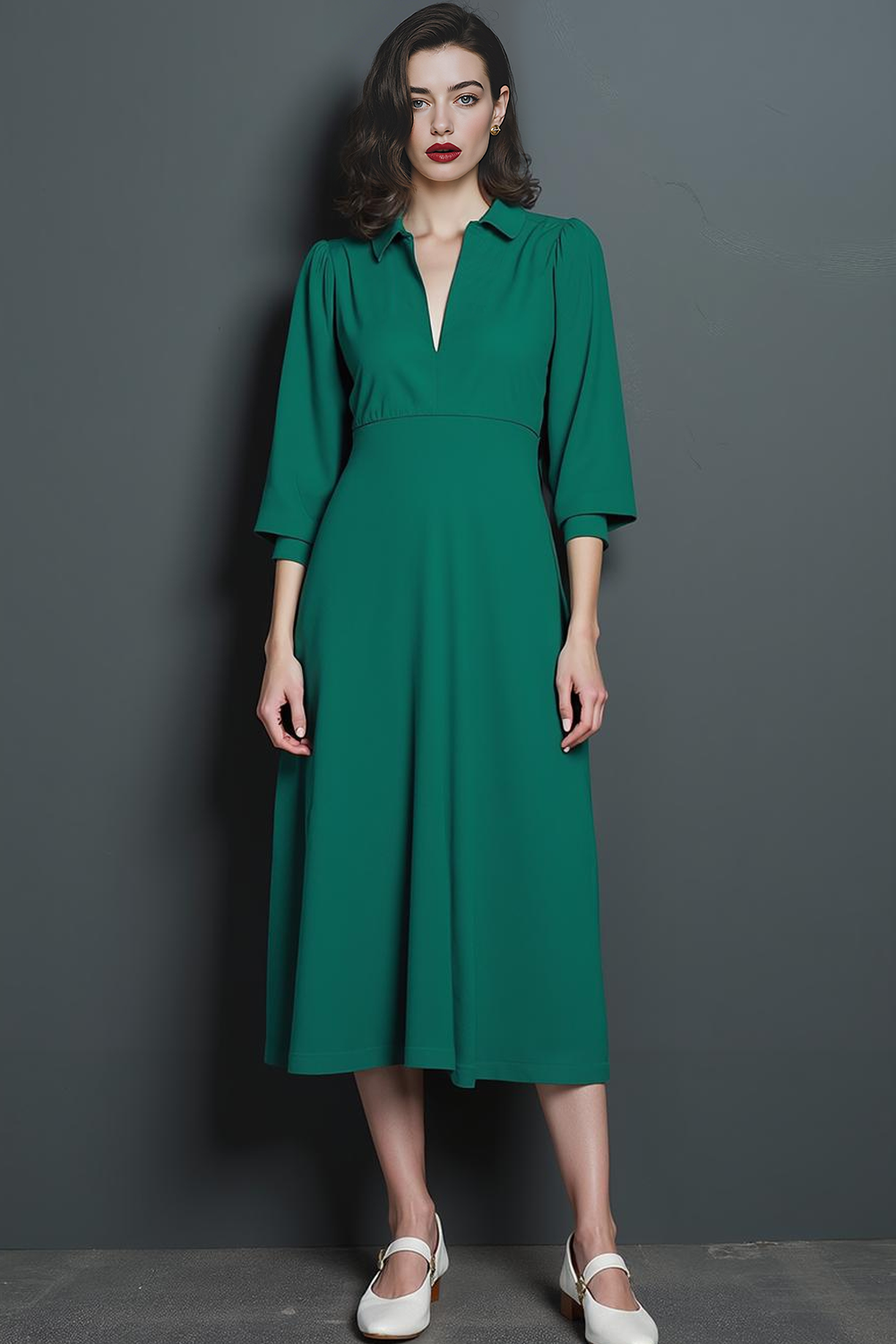 Dark Green A Line Collar Neck Midi Work Dress