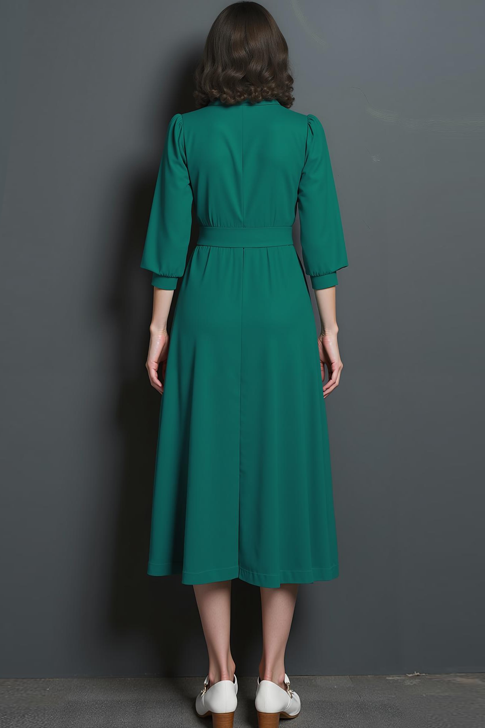 Dark Green A Line Collar Neck Midi Work Dress