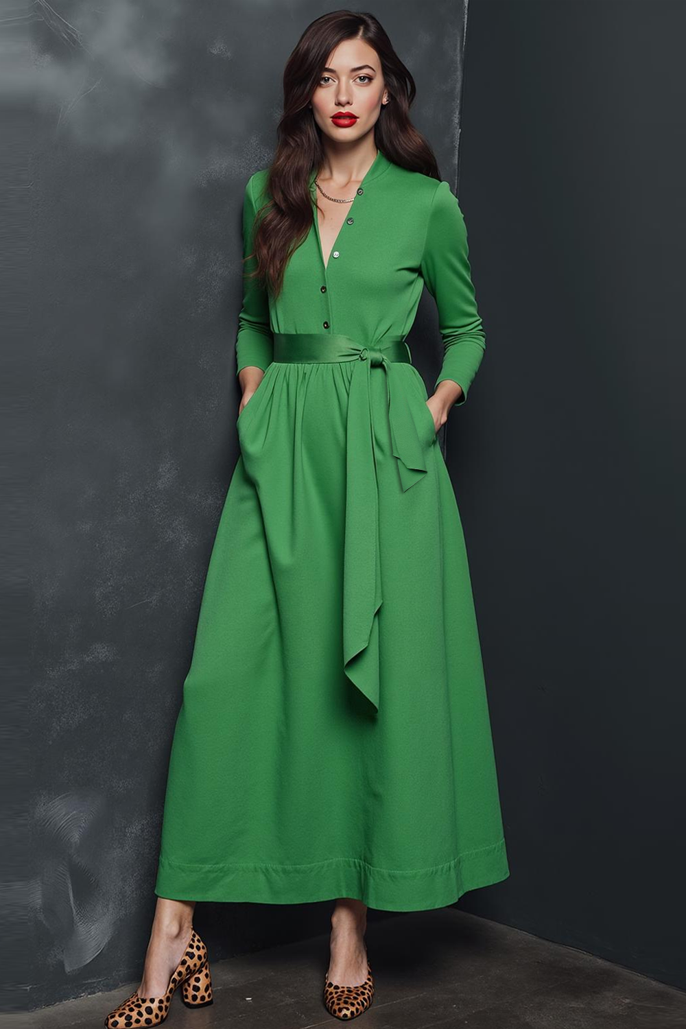 Leely Women Green A Line V-Neck Work Dress with Pockets Long Sleeves Business Dress with Sash