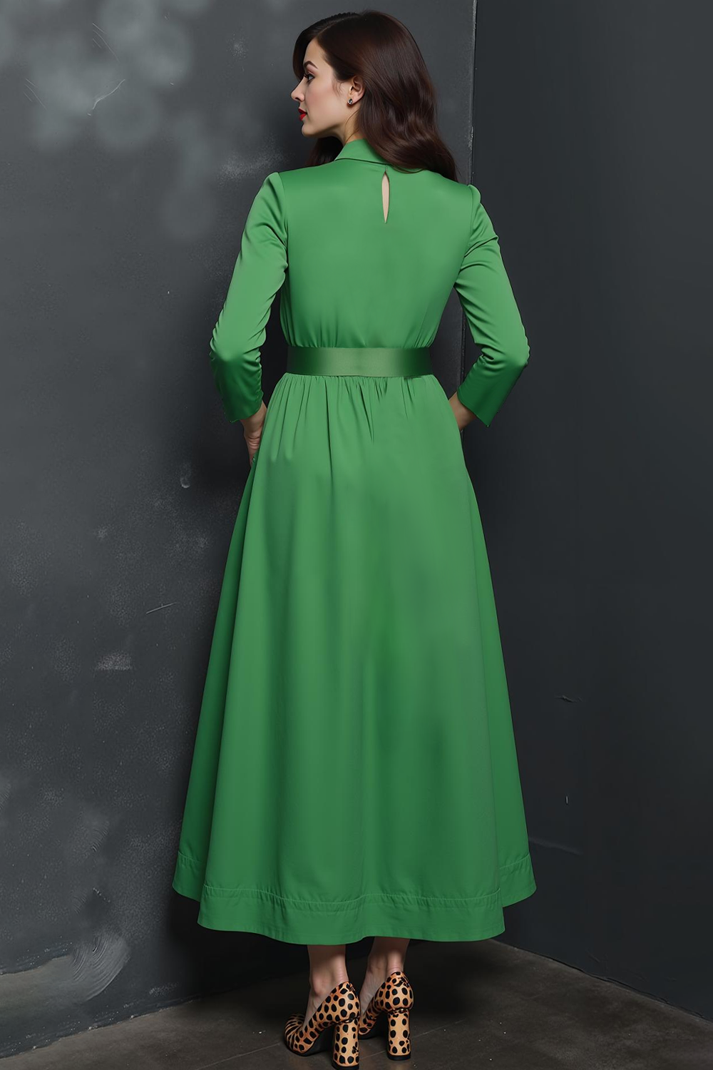 Green A Line V-Neck Long Work Dress with Pockets