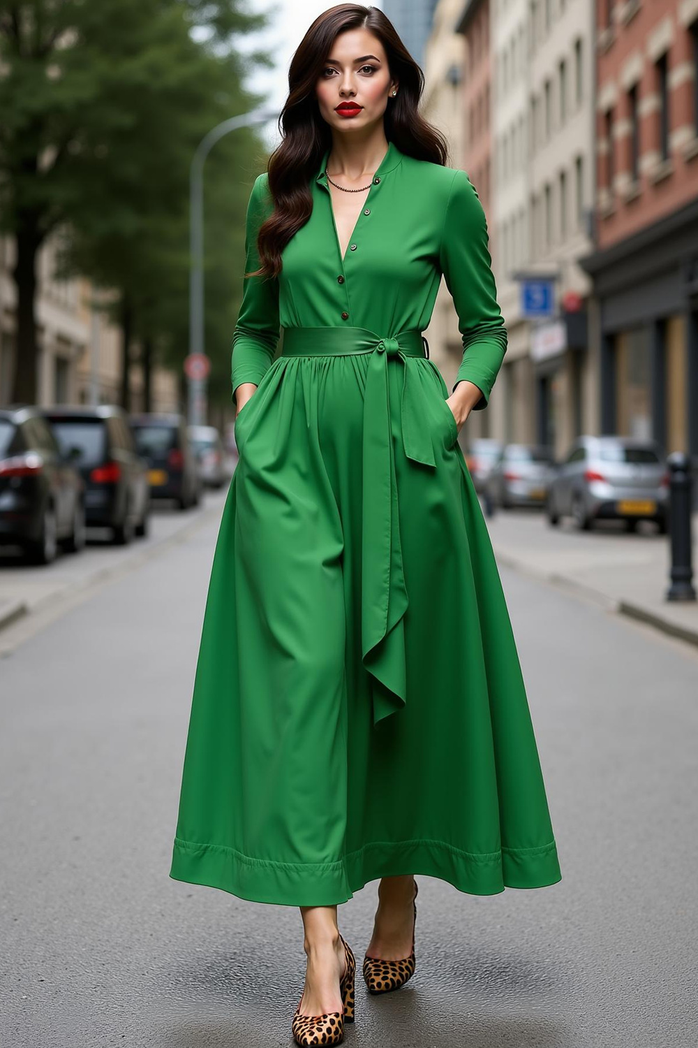 Green A Line V-Neck Long Work Dress with Pockets