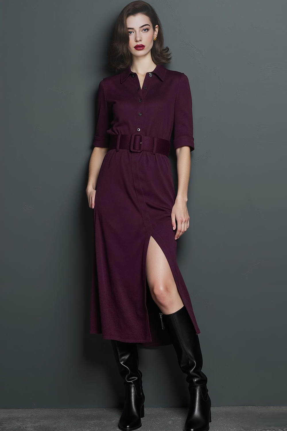 Leely Women Dark Purple Pencil Midi Work Dress with Belt Collar Neck Half Sleeves Business Dress with Slit