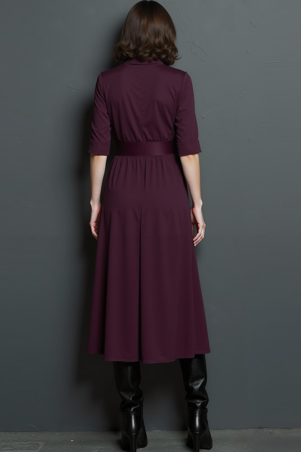 Dark Purple Pencil Collar Neck Midi Work Dress with Belt