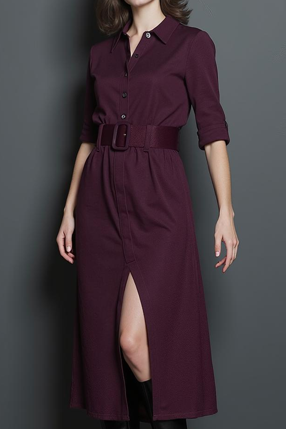 Dark Purple Pencil Collar Neck Midi Work Dress with Belt
