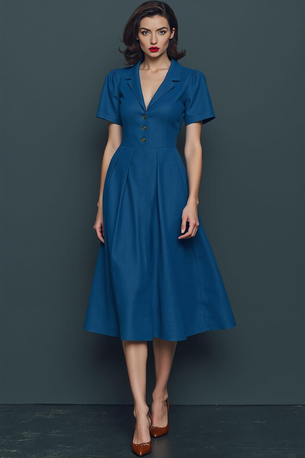 Navy Notched Lapel A Line Midi Fitted Work Dress with Buttons
