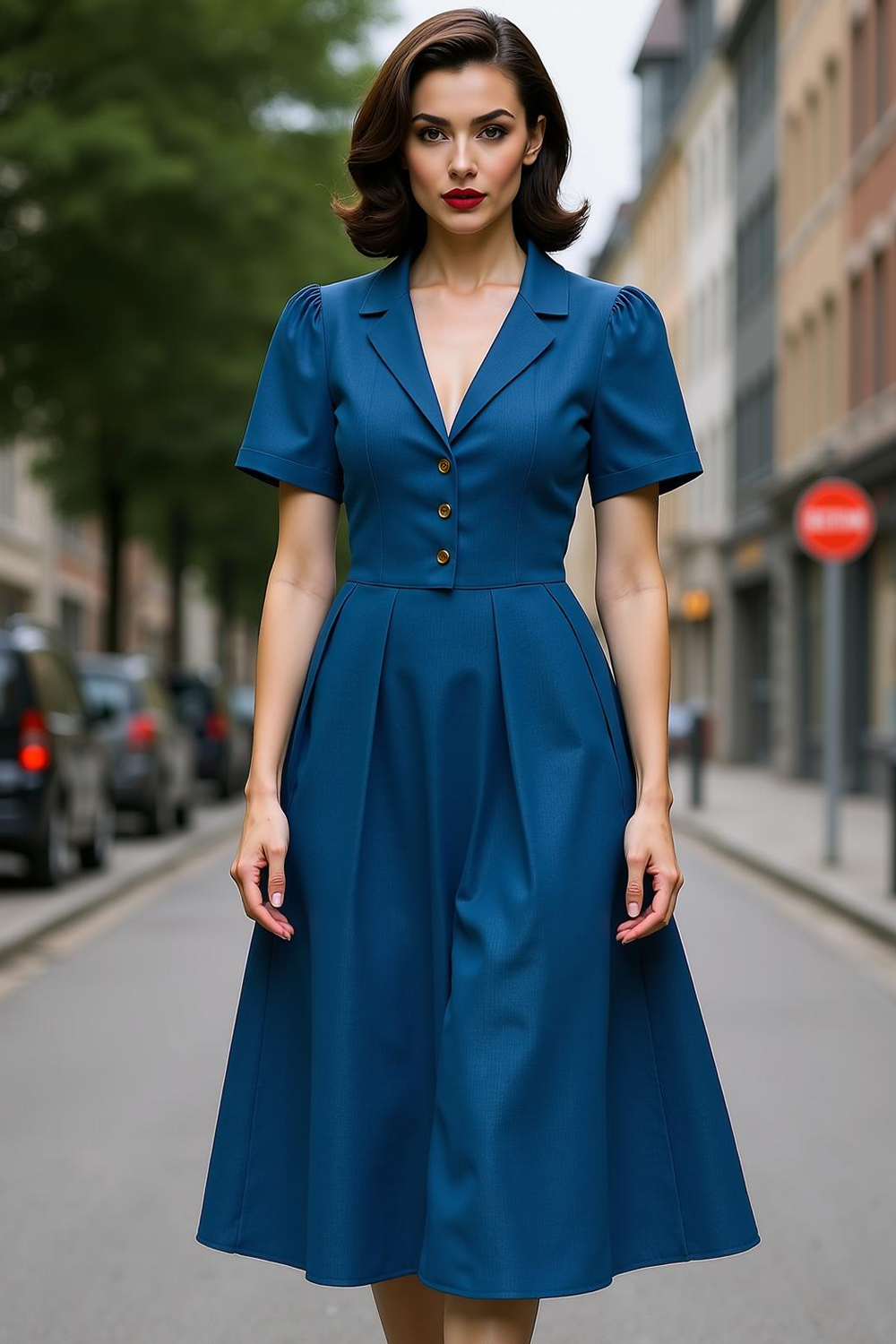 Navy Notched Lapel A Line Midi Fitted Work Dress with Buttons