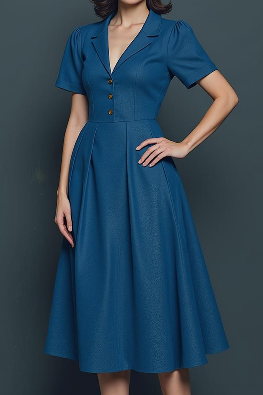 Navy Notched Lapel A Line Midi Fitted Work Dress with Buttons