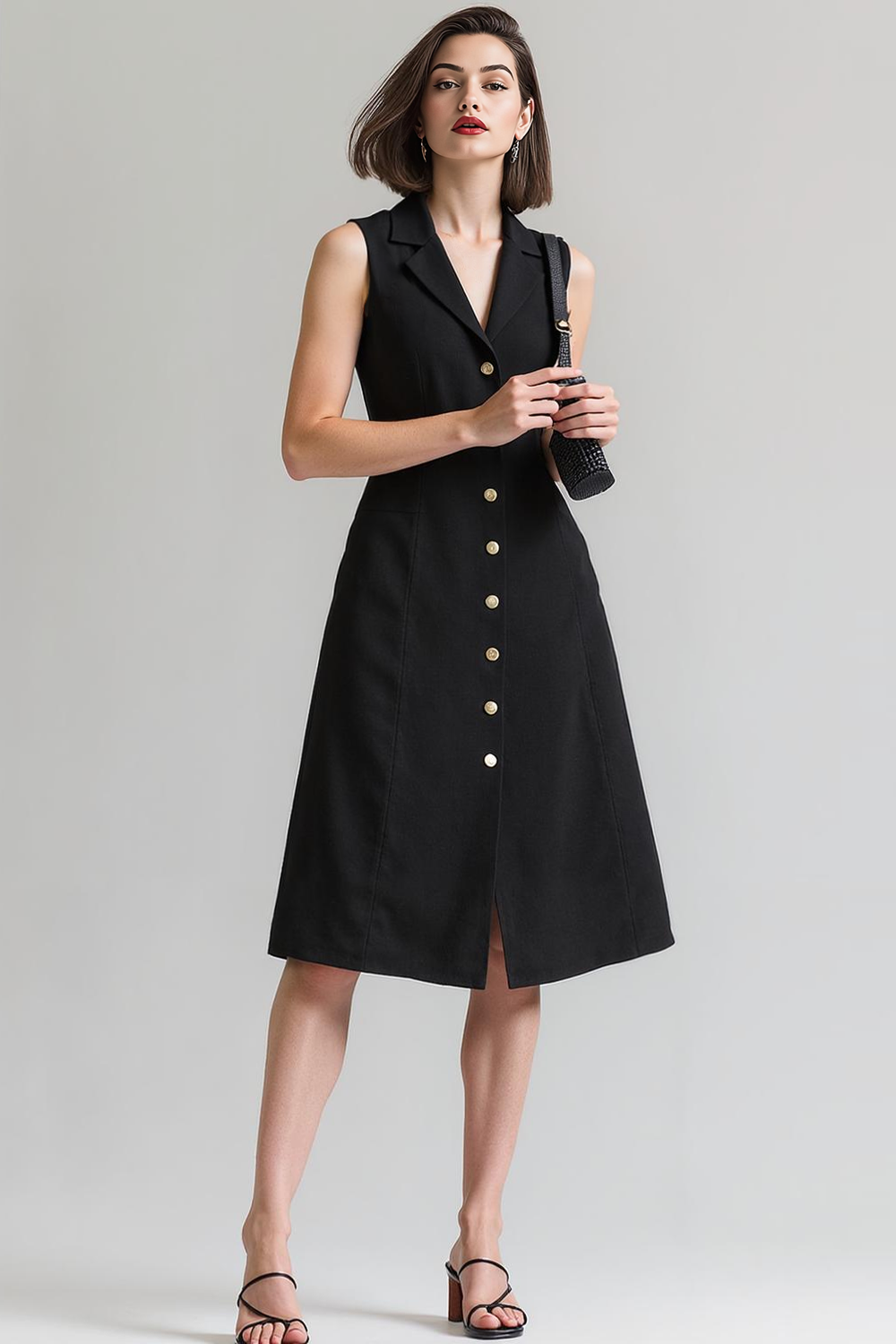 Black Fitted A Line Notched Lapel Midi Work Dress with Buttons
