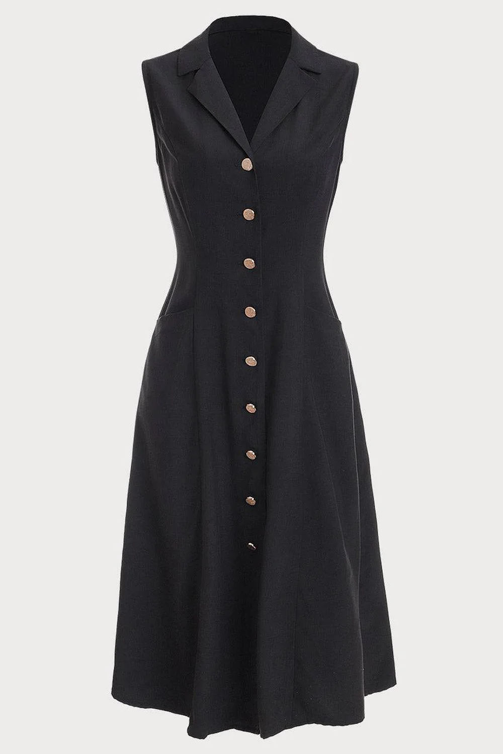 Black Fitted A Line Notched Lapel Midi Work Dress with Buttons