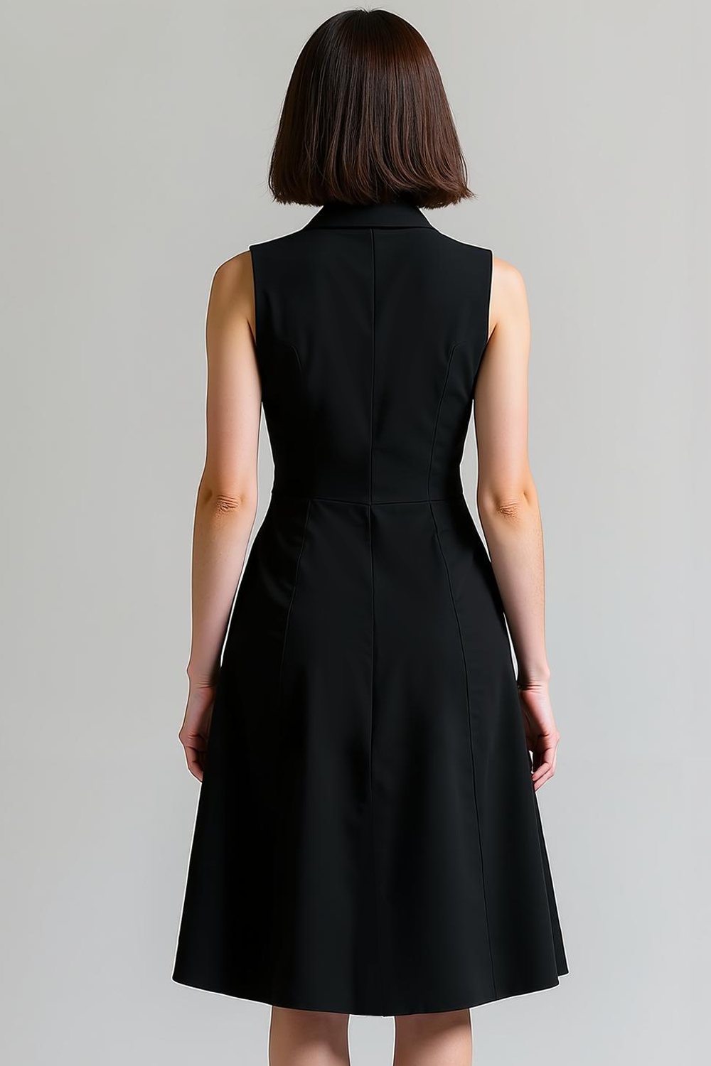 Black Fitted A Line Notched Lapel Midi Work Dress with Buttons
