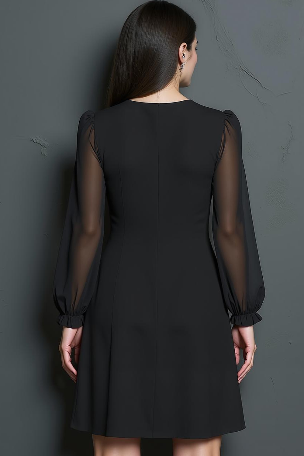 Simple Black Fitted Round Neck A Line Short Work Dress with Sleeves
