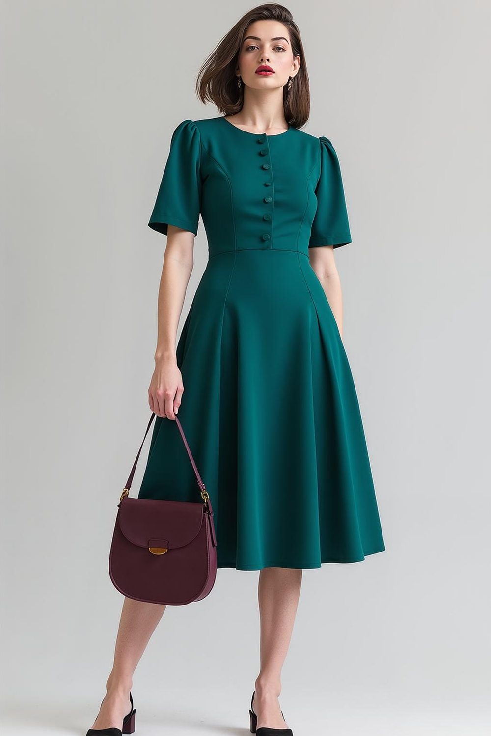 Leely Women Dark Green Midi Round Neck Work Dress Puff Sleeves A Line Business Dress