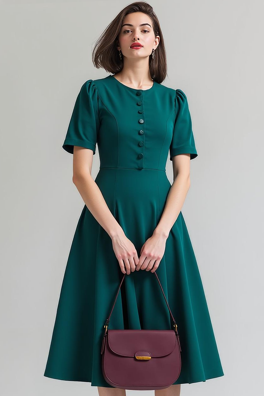 Dark Green Midi Round Neck A Line Work Dress with Sleeves