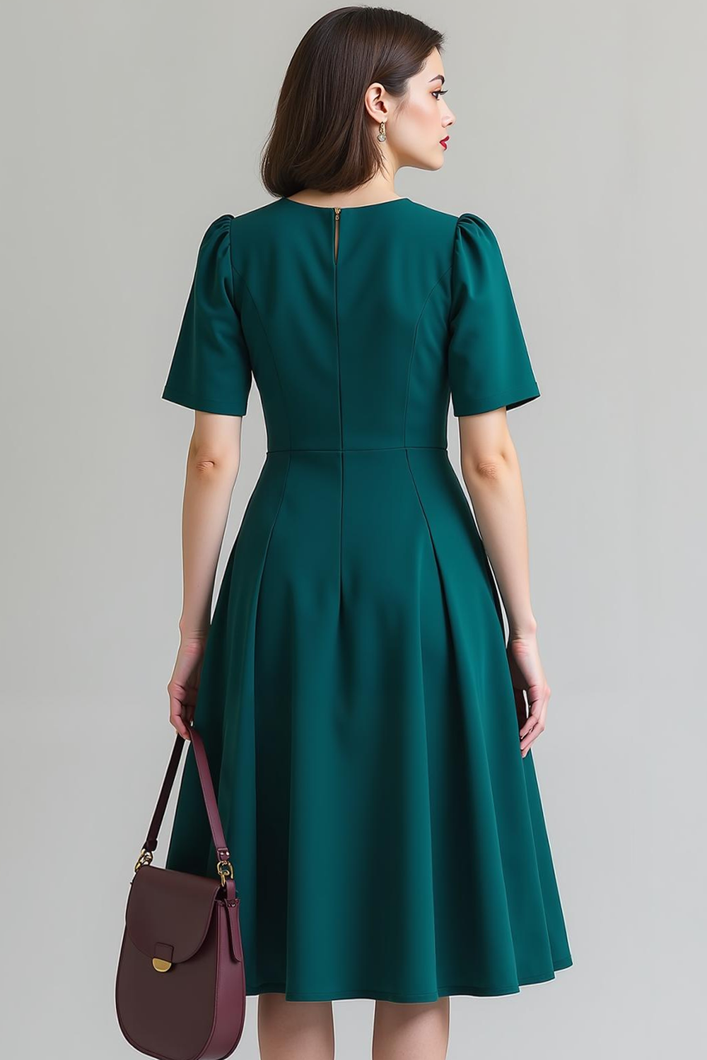 Dark Green Midi Round Neck A Line Work Dress with Sleeves