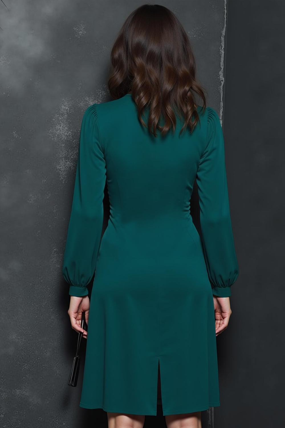 Dark Green Short High Neck Pencil Work Dress with Slit