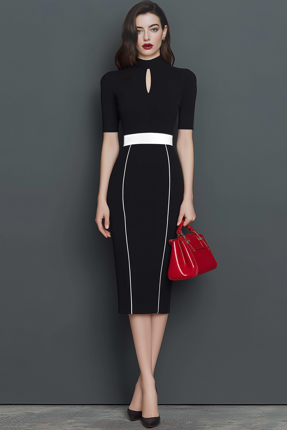 Leely Women Black White Slim Fit Pencil Midi Work Dress High Neck Keyhole Business Dress