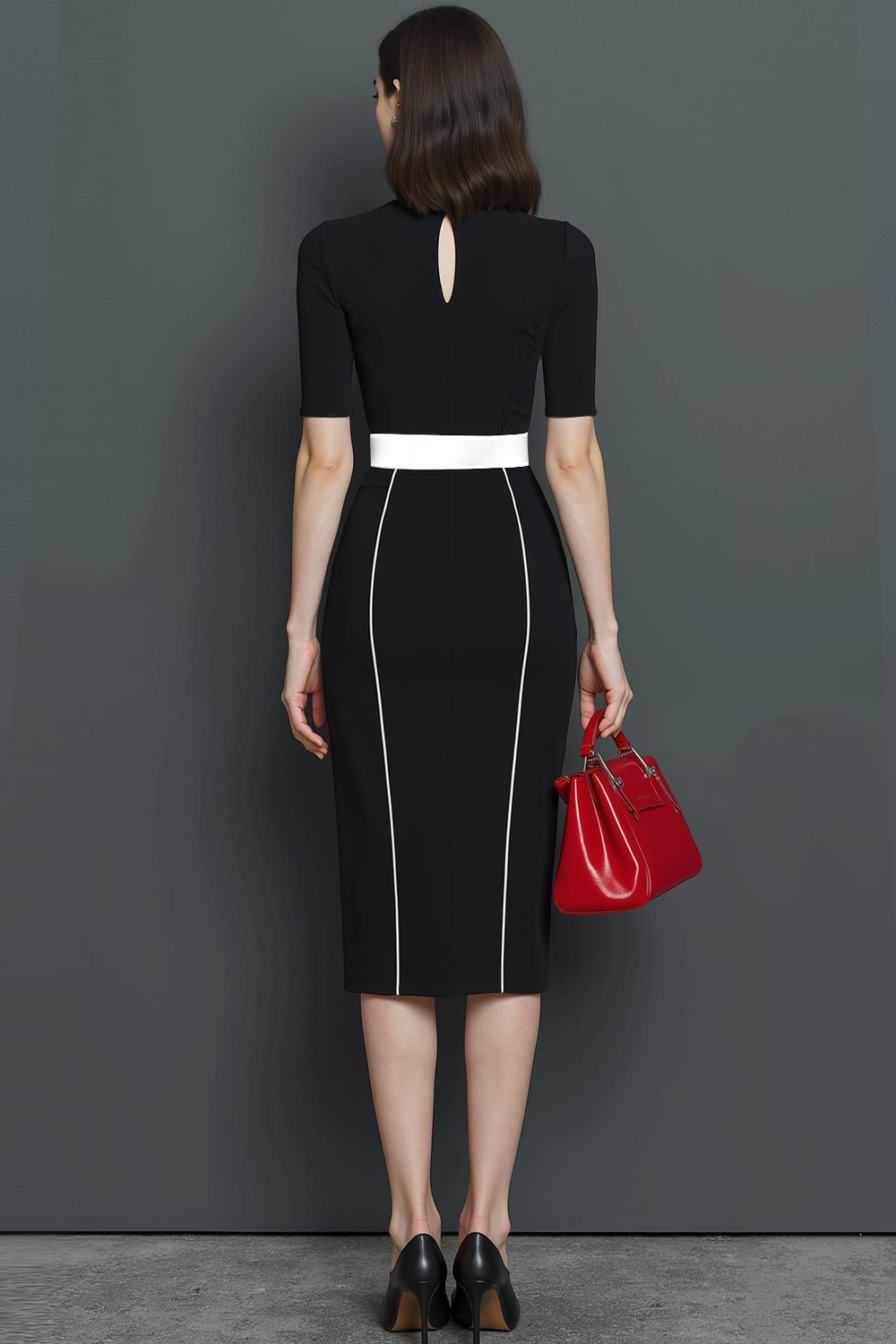 Black White Slim Fit Pencil High Neck Keyhole Midi Work Dress
