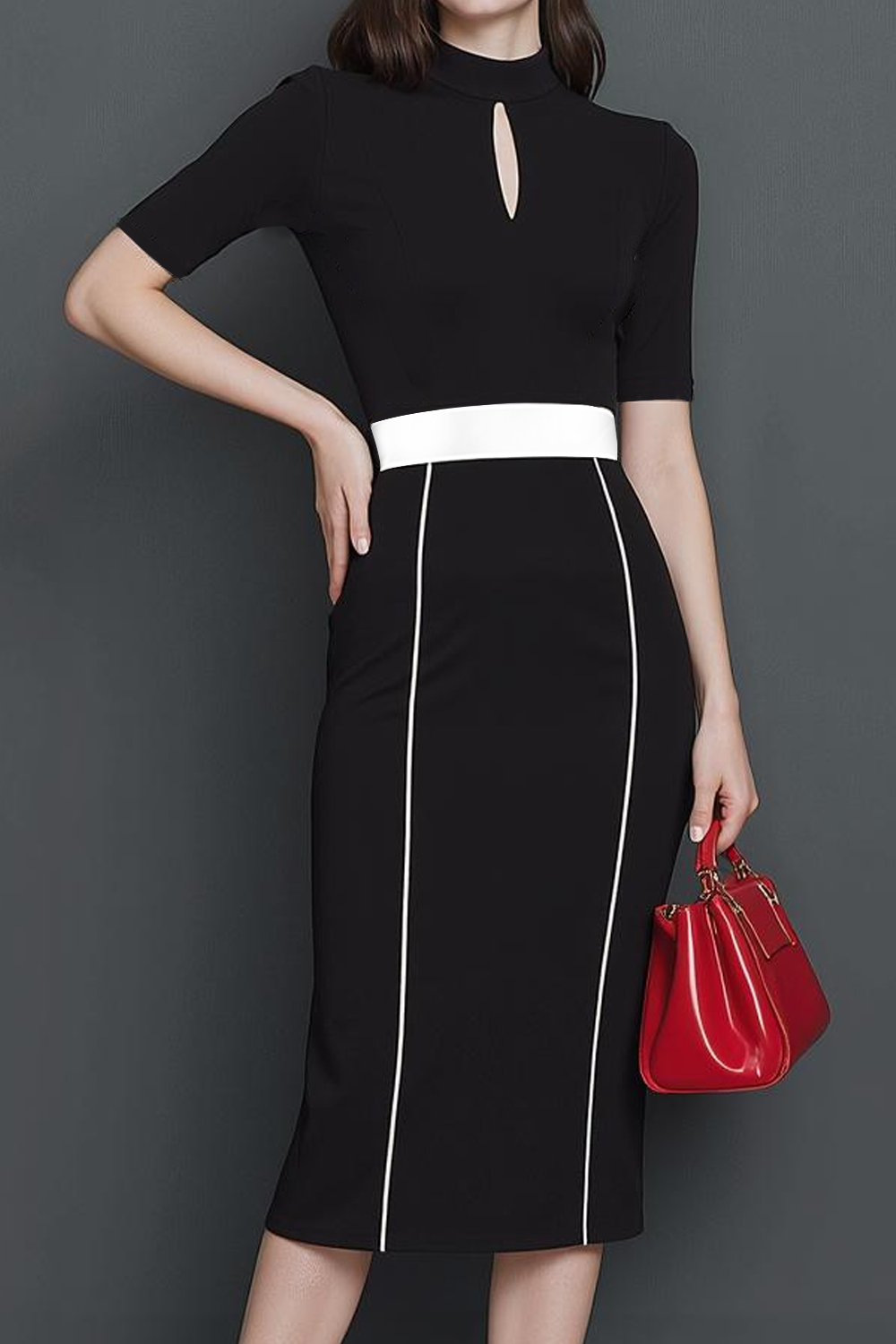 Black White Slim Fit Pencil High Neck Keyhole Midi Work Dress
