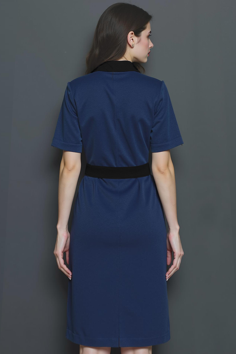 Navy Pencil Collar Neck Half Sleeves Midi Work Dress with Buttons