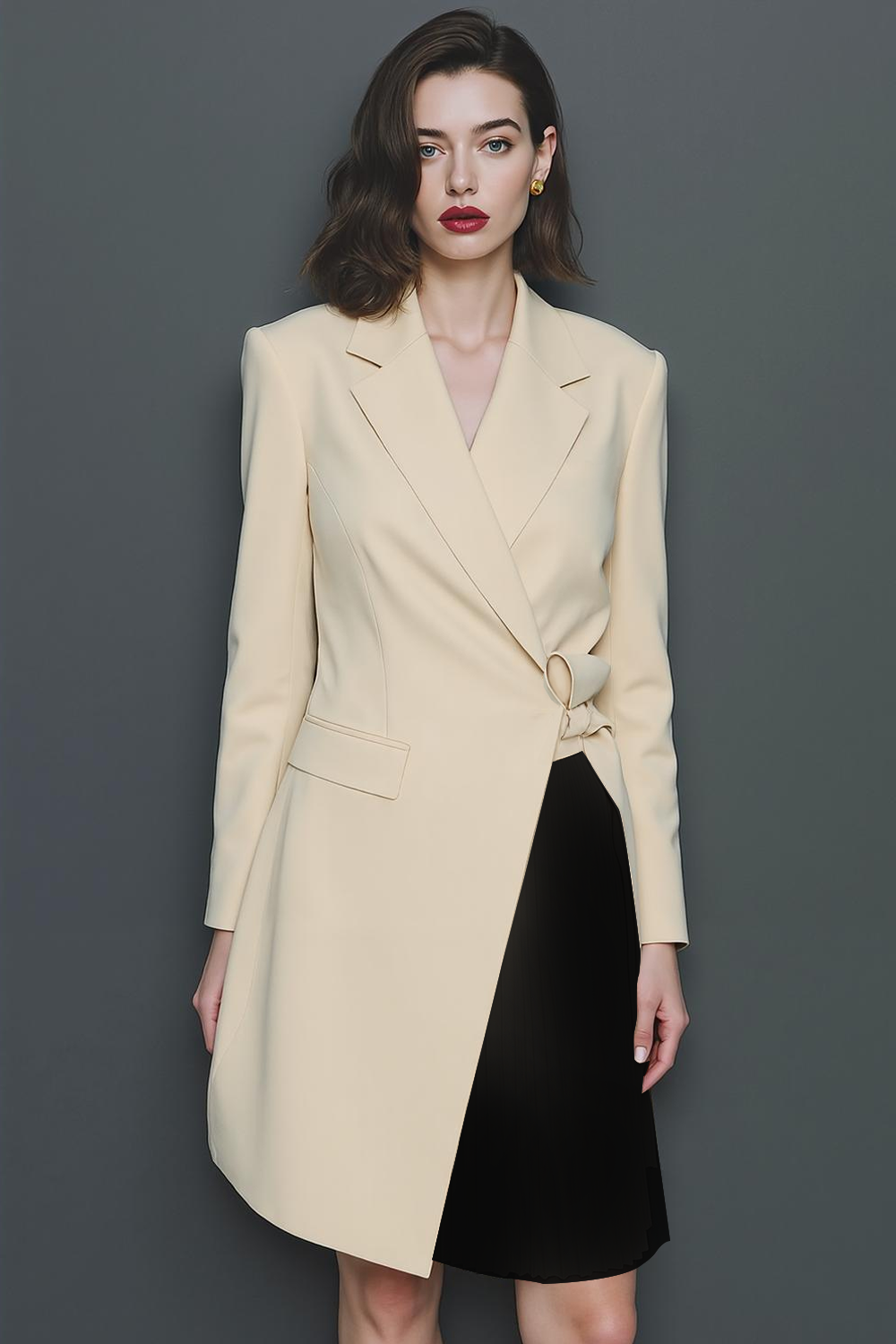 Champagne Black Notched Lapel A Line Midi Fitted Blazer Dress with Sash